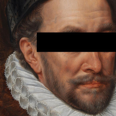 Schilderij van Willem van Oranje met een zwarte balk voor zijn ogen.