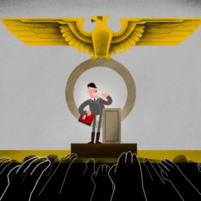 Cartoon van Hitler op een podium.