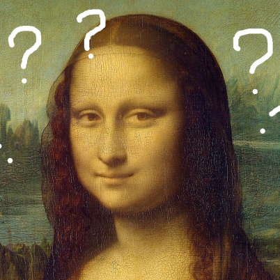 Foto van het schilderij de Mona Lisa met rond haar hoofd witte vraagtekens getekend.