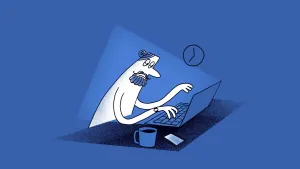 Tekening van een ouder mannetje dat zit achter een laptop waarmee hij aan het werk is, het al donker en laat.