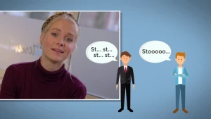 Foto van presentator, je ziet haar gezicht, ernaast een getekend mannetje met tekstwolkje met (St... st... st... st...) en ernaast ander mannetje met "Stooooo...".