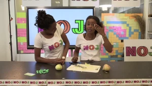 Foto van twee vrouwen aan tafel die uien snijden en pijn aan de ogen erdoor hebben.