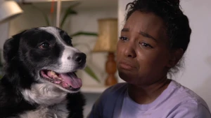 Foto van huilend meisje bij een vrolijk kijkende hond, je ziet alleen het hoofd en de kop van de hond.