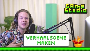 Foto van man die zit in de studio/geluidsstudio, bij een microfoon, verder de tekst "game studio" en "verhaalscene maken".