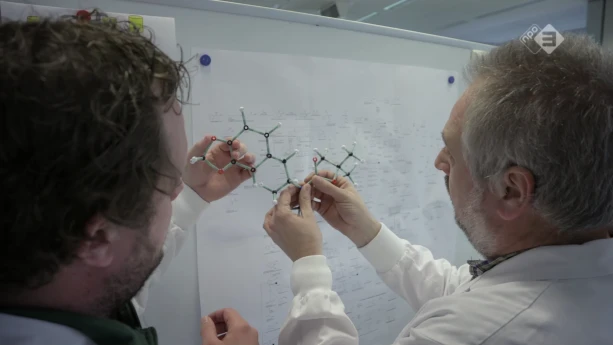 Foto van twee mannen, je ziet ze van achteren, bij een whiteboard met een schema van een molecuul erop.