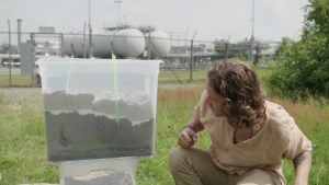 Foto van presentator die gehurkt zit buiten bij een grote doorzichtige bak met lagen zand erin, op de achtergrond zie je industrie met gastanks.