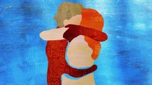 Kunstzinnige tekening/schildering van man en vrouw die met elkaar vrijen.