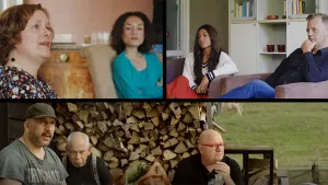 Collage van aantal foto's van mensen, zittend in een huiskamer, in een tuin.