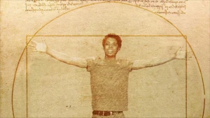 Foto van de rapper Typhoon voor deel van een tekening gemaakt door Leonardo da Vinci.