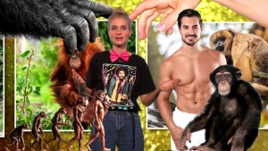 Een foto van presentator Janouk die voor de camera staat. Links op de voorgrond is er een illustratie van een aap die steeds meer mens wordt. Rechts zit er een aap met daarachter een foto van een man met een blote bovenlijf.