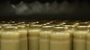 Een foto waarop glazen potten met een goudkleurige deksel van de zijkant te zien zijn. In de potten zit appelmoes. De potten staan in een fabriek en er zit nog geen sticker of label op de potten.