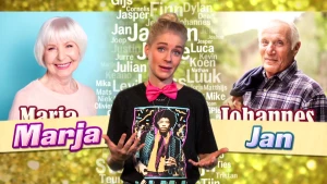 Een foto van Janouk die haar handen omhoog houdt voor haar lichaam met de handpalmen omhoog. Links van haar staat een foto van een vrouw met de naam "Marja", rechts een foto van een man met de naam "Jan". In het midden staan veel mannennamen naast elkaar.