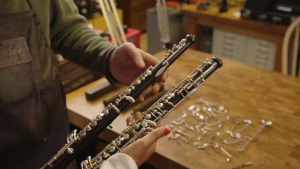 Een foto van de hand van Sosha en van een man, die een hobo vasthebben. De hobo is een zwart, houten blaasinstrument in de vorm van een buis, met zilverkleurige knopjes, buisjes en klepjes erop. Op een tafel liggen losse zilverkleurige buisjes en klepjes.