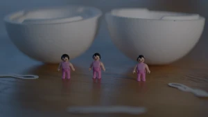 Een foto van een tafel met daarop twee witte, door midden gedeelde helften van een bol die op elkaar passen en dan samen één ronde bol kunnen vormen. Vóór de twee helften van de bol staan drie Playmobil poppetjes met roze kleding en zwart haar.