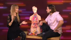 Een foto van een tafel met links een vrouw en rechts Pascal erop. Op de tafel staat een plastic voorbeeld van het menselijk lichaam waarin de twee roodgekleurde nieren te zien zijn, omdat longen, hart, maag, lever en darmen eruit zijn gehaald. 