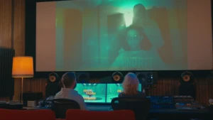 Een foto van prof en Janouk achter een tafel met daarop twee beeldschermen, apparaten met knopjes en schuifjes en luidsprekers. Op de muur erboven hangt een scherm met daarop een jongen die zit en een meisje dat erachter staat in een donkere kamer.