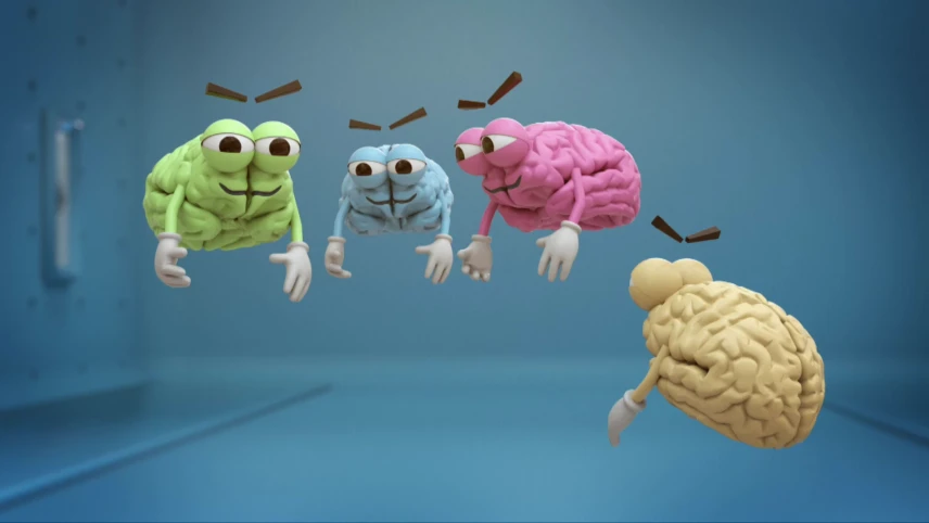 Een animatie van vier stel hersenen met bolle ogen, witte, gehandschoende handen en wenkbrauwen die boven hun ogen zweven. Drie hersenen staan naast elkaar en zijn lichtgoen, lichtblauw en roze. Een lichtbruin stel hersenen kijkt naar de andere drie. 