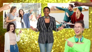 Een foto van Sosha tussen foto's met mensen die met hun wijsvinger ergens naartoe wijzen. Links en rechts is een arm met een wijzende vinger te zien en aan iedere kant twee foto's van wijzende mensen, links wijst naar rechts en rechts wijst naar links.