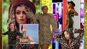 Een foto van Sosha in een jurk en hoofdband met panterprint en met haar arm omhoog. Er zijn meer foto's met panterprintkleding te zien: twee vrouwen met hoed, één met capuchon, één met haar voeten in het water en een meisje die wijst naar haar trui.