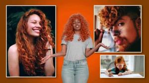 Een foto van Sosha met een rode pruik met krullen, haar handen gespreid met de handpalmen omhoog. Ernaast drie foto's van mensen met rood haar, twee krullend: een lachende vrouw en een man die zijn zonnebril afzet en een meisje zonder krullen die tekent.