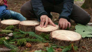 Een foto van vier afgezaagde, ronde boomstronken in de grond van een bos. Er zitten twee kinderen achter, waar alleen de benen en handen van te zien zijn. Er liggen groene dennentakken, bladeren, mos en twee langwerpige dennenappels naast de boomstronken.