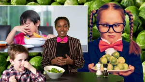 Een foto van Sosha achter een tafel met een schaal spruitjes en drie foto's: een jongen met dichtgeknepen neus en uitgestoken tong, een meisje kijkt met grote ogen naar een bord spruitjes en een jongen achter een eettafel houdt een hand voor zijn gezicht.