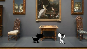 Een animatie van de poezen Pim en Pom in een museum. Ze kijken naar een beroemd schilderij. Daarop zie je allemaal vogels rondom een watertje. Naast het schilderij zie je hele oude stoelen en spiegels. 