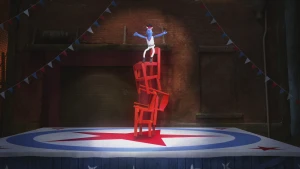 Een handstand op een toren van stoelen