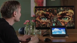 Een foto van Jeroen van der Most die links zit achter een tafel. Op het beeldscherm rechts op de tafel is een door de computer gemaakt kunstwerk te zien van twee groene ogen met wenkbrauwen en gekleurde vakjes eromheen in zwart, bruin, groen en rood.