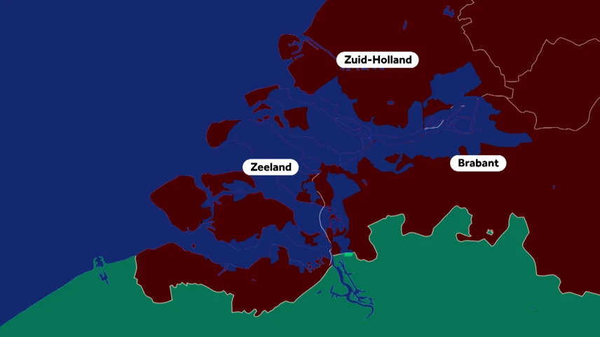 Een tekening van een gedeelte van de kaart van Nederland, waarop de watersnoodramp uit 1953 wordt uitgebeeld. Daarin zijn de provincies Zeeland, Zuid-Holland en Brabant zichtbaar. Het gedeelte dat onder water liep tijdens de ramp, is blauw van kleur.
