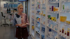 Een foto van presentator Janouk in een apotheek. Ze staat naast een grote kast vol doosjes medicijnen.