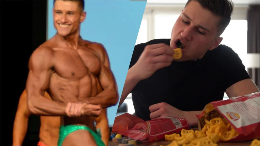 Een foto waarop links Ricky te zien is die lachend zijn gespierde lichaam laat zien in een groene onderbroek op een podium. Rechts is een foto te zien van Ricky achter een tafel, die uit een open zak chips Hamka's eet. Ernaast ligt een open zak snoep.