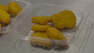 Foto van vegetarische nuggets in plastic bakjes.