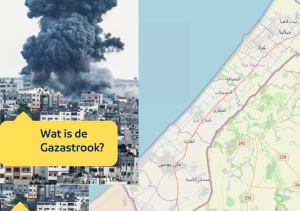 Samengestelde foto van ontploffing  en kaart van de Gaza strook