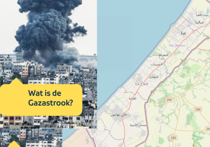 Samengestelde foto van ontploffing en kaart van de Gaza strook