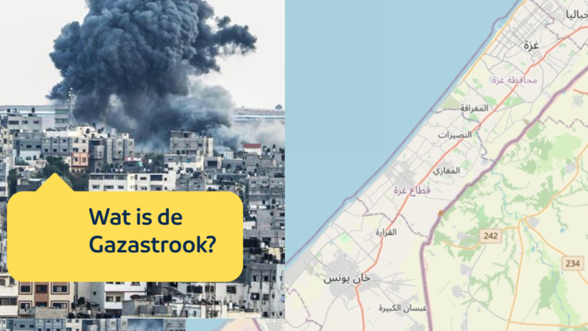 Samengestelde foto van ontploffing  en kaart van de Gaza strook