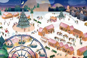 Illustratie van winters tafereel met kerstmarkt, kerstbomen, reuzenrad, huisjes, maan en sterren in de lucht.