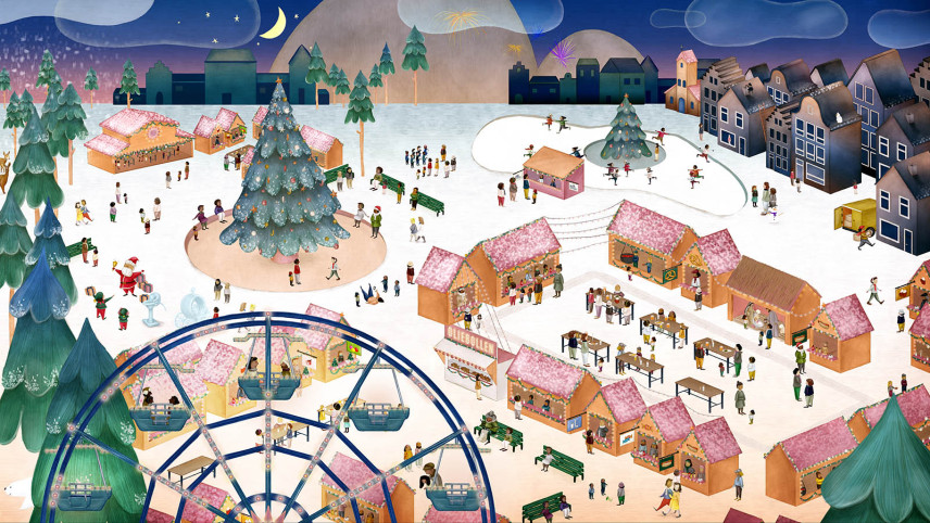 Illustratie van winters tafereel met kerstmarkt, kerstbomen, reuzenrad, huisjes, maan en sterren in de lucht.