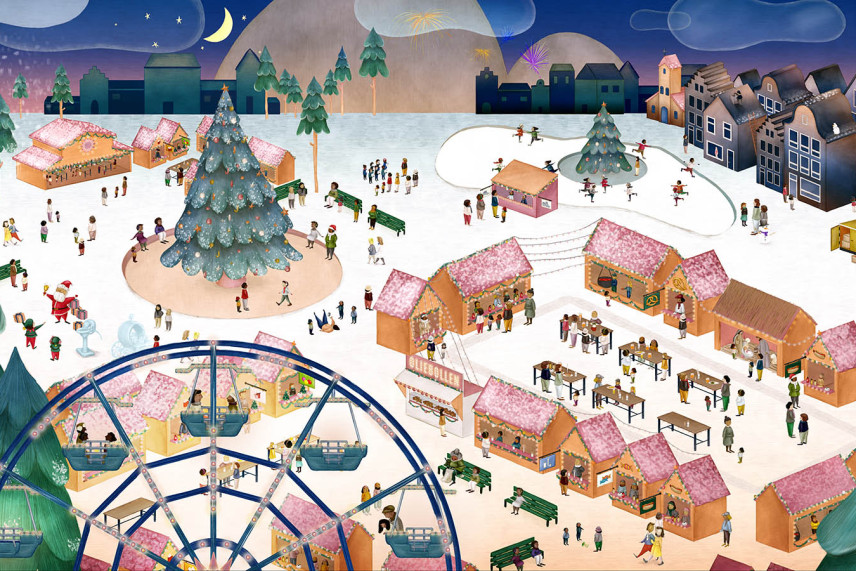 Illustratie van winters tafereel met kerstmarkt, kerstbomen, reuzenrad, huisjes, maan en sterren in de lucht.