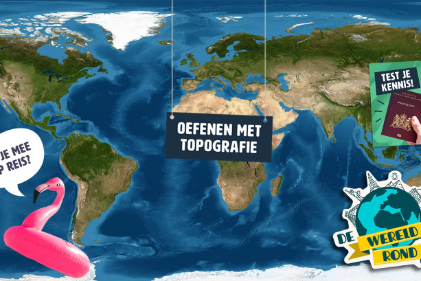 Kaart van de wereld met graphics van een opblaasflamingo, een paspoort en een bordje oefenen met topografie.