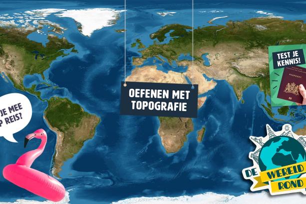 Kaart van de wereld met graphics van een opblaasflamingo, een paspoort en een bordje oefenen met topografie.