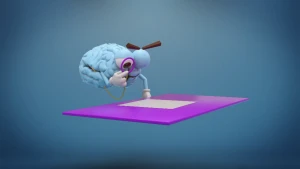 Een foto van een blauw stel hersenen, dat naar een plat paars vierkant met daarop een wit vel kijkt. Het stel hersenen houdt een monocle bij één oog. Een monocle is een ouderwetse bril bestaande uit één glas die je vasthoudt of dichtklemt voor één oog.