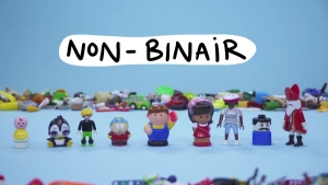 Een foto met negen speelgoedpoppetjes op een rij van de merken Playmobil, Little People, Duplo en Poopsie Cutie. Boven de poppetjes staat "Non-Binair". Op de achtergrond liggen meer speelgoedfiguren en vooraan is ook nog net speelgoed zichtbaar.