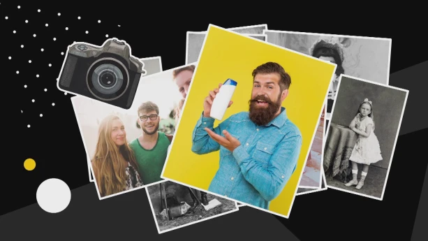 Een animatie waar verschillende foto's op elkaar liggen en een getekende camera linksboven staat. Eén zwart-wit foto is niet bedekt en daar staat een serieus kijkend meisje op. Voorop liggen twee kleurenfoto's, één met een lachende man met een baard.