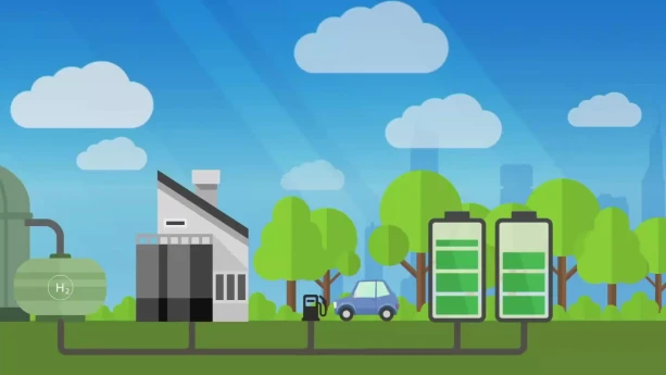 Een illustratie met links een waterstof fabriek en een lijn die naar rechts loopt naar plaatjes van industrie, transport en energie opslag die er uit ziet als gevulde batterijen.