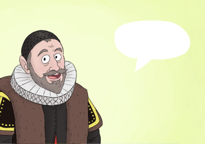 Een illustratie van Willem van Oranje, een man met een baard, snor en sjieke witte kraag uit de 17e eeuw. Er staat een spreekwolkje naast hem.