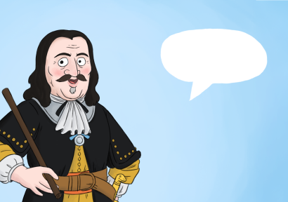 Een illustratie van Michiel de Ruyter met een spreekwolkje. Michiel de Ruyter heeft lang donker haar, een snor en draagt kleding uit de 17e eeuw: een witte halsdoek en nette admiraalskleding.