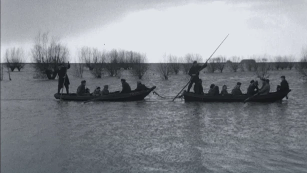 Een foto van de watersnoodramp van 1953. Je ziet een groot gebied met alleen maar water met daarin wat bomen. Je ziet ook twee roeiboten met daarin mensen. 
