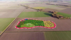 Een foto van landbouwgrond. Op het bruine stuk grond in het midden is met een rode lijn een voet getekend met een lichte stippellijn eromheen. De grond erbinnen bestaat uit groene grond met en zonder bomen en planten, twee koeien en een plas water.