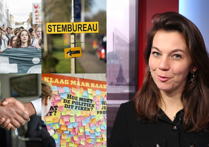 Politiek verslaggever Marleen de Rooy met collage van protest, stembureau-bord, handen schudden en muur met sticky notes